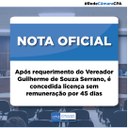 Após requerimento do Vereador Guilherme de Souza Serrano, é concedida licença sem remuneração por 45 dias