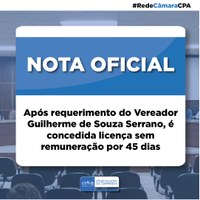 Após requerimento do Vereador Guilherme de Souza Serrano, é concedida licença sem remuneração por 45 dias