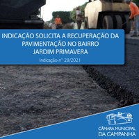 Indicação solicita a pavimentação do Bairro Jardim Primavera