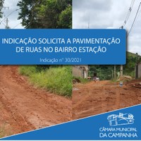 Indicação solicita à Prefeitura providenciar a pavimentação de ruas no Bairro Estação