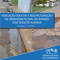 Indicação solicita a reestruturação da drenagem pluvial da Avenida José Veiga de Almeida
