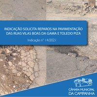 Reparos no calçamento das ruas Toledo Pizza e Vilas Boas da Gama são solicitados em Indicação